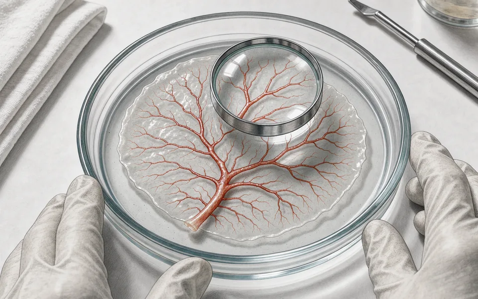 Illustrated chick membrane with branching vessels beneath a magnifying lens