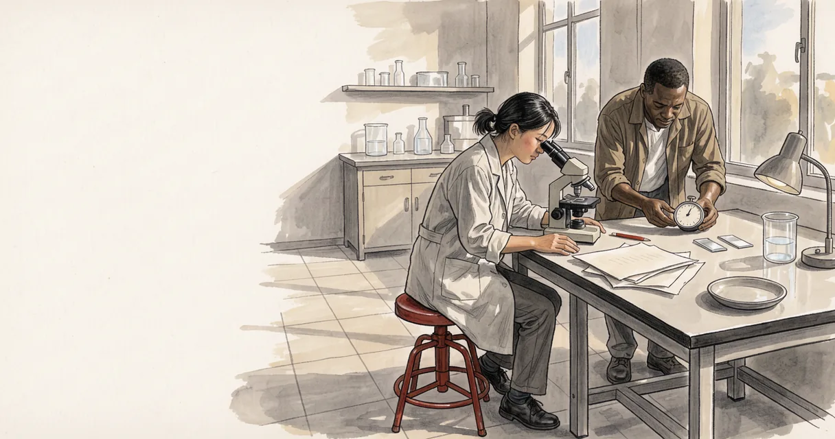 Two illustrated technicians at a microscope beside an unmarked bench timer