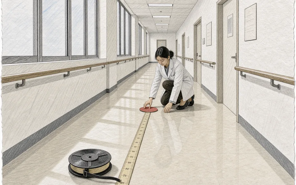 Research assistant setting a red marker in an empty walking-test corridor