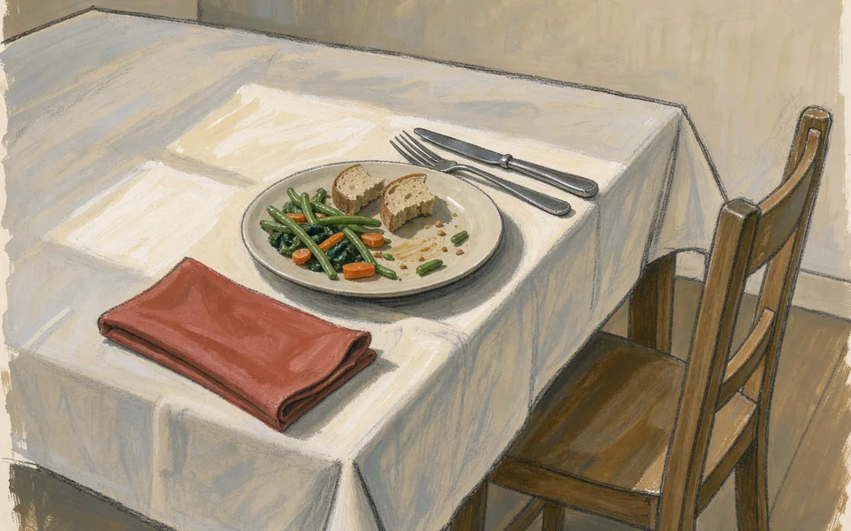 Illustrated supper plate with cutlery laid down beside a red napkin
