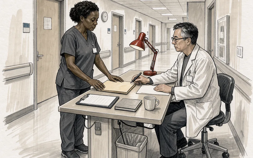 Two illustrated hospital staff at a corridor desk during a handover